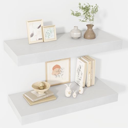 Acovy 24 Inch Floating Shelves, 12" Deep Floating Shelf Wall Mounted, 24" Wall Shelves, Rustic Deep Bookshelf, Extra Deeper & Thicker Display Shelves for Bedroom, Living Room, White, Set of 2 by Acovy