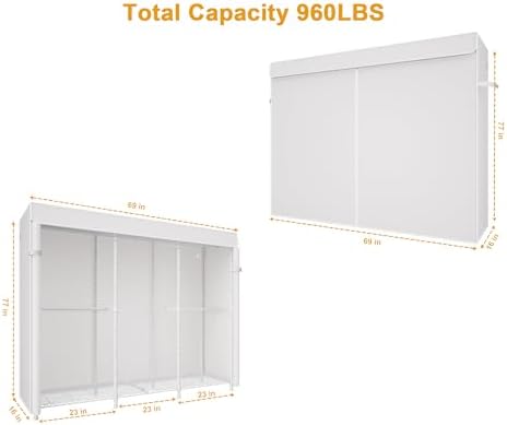 ULIFHOME E14C Pro Heavy Duty Closet Organizer System，Freestanding Clothing Racks for Hanging Clothes，Adjustable Garment Rack 69" W × 16" D × 77" H Hold 960 lbs，White Rack with White Dustproof Cover - Image 2