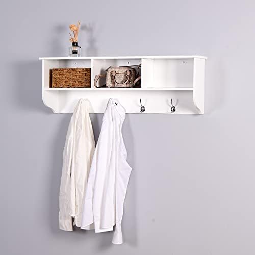 Elegant White Wooden Wall-Mounted Coat Rack with Shelf - Entryway Organizer with 4 Dual Hooks - Modern Storage Display for Home Decor, Plants, Photos - MDF Construction - 39"x8"x14" - Image 2