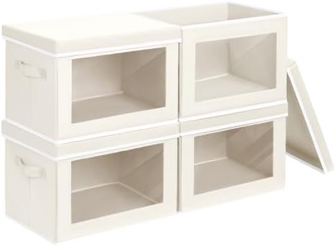 Homsorout Storage Bins with Lids, 4 Pack Large Storage Cubes with Window, Closet Bins with Lids & Handles, Fabric Box for Organizing Clothes, Towels, Books, Beige by Homsorout