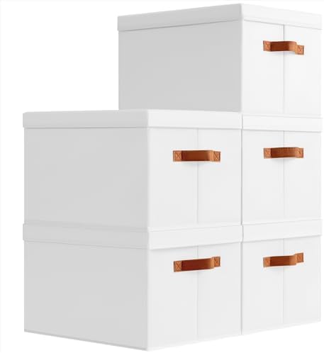 Homsorout Storage Bins with Lids - Large Fabric Closet Bins with Lid, 5 Pack Clothes Organizers and Storage, Collapsible Stackable Cube Basket for Home, Office, Dorm, White by Homsorout