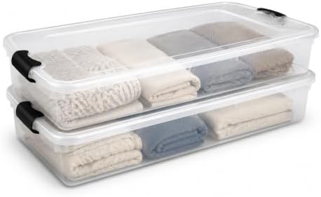 HOMZ Under Bed Clear Plastic Storage Bin w/Lid, 60 Qt, Gray Latch, 2 Pack by Homz