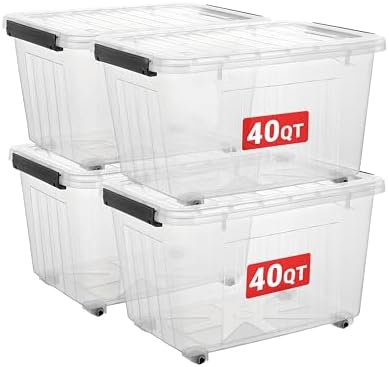 Cetomo Plastic Storage Bins, Lidded Storage Box with Wheels for Home Office Dorm, Wheeled, Stackable, Clear, 40Quart-4 Pack by Cetomo