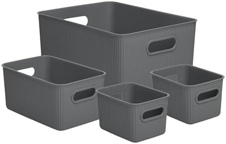 Superio Ribbed Collection - Decorative Plastic Basket Open Home Storage Bins Organizer, Grey (Set of 4) 1 Large, 1 Medium, 2 Small - Container Boxes for Organizing Closet Storage Bins for Shelves by Superio