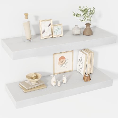 Acovy 30 Inch Floating Shelves, 12" Deep Floating Shelf Wall Mounted, 30" Wall Shelves, Rustic Deep Bookshelf, Extra Deeper & Thicker Display Shelves for Bedroom, Living Room, White, Set of 2 by Acovy