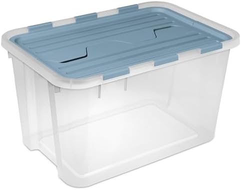 Sterilite 18 Pack Hinged Lid Storage Box, 60 Qt Plastic Container, Washed Blue - Home Organizer Tote for Storing Shoes, Crafts, Clothing, or Decor by Sterilite