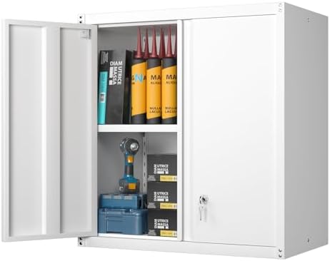 GREATMEET Metal Wall Cabinet, Wall Mounted Storage Cabinet with Lock for Garage Storage, White Floating Cabinet with Doors and Adjustable Shelf for Utility Room by GREATMEET