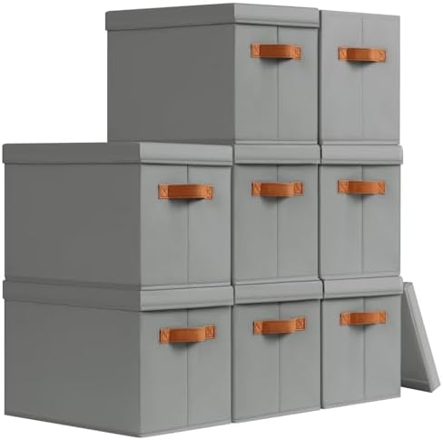 Homsorout Storage Bins with Lids - Fabric Storage Baskets for Shelves, 8 Pack Foldable Decorative Boxes with Handles, Stackable Organizer Bins for Home, Nursery, Dorm, Grey by Homsorout