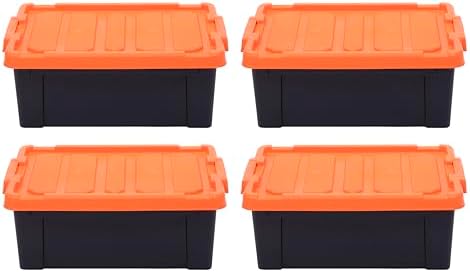 IRIS USA 4 Pack 12 Gallon Lockable Storage Bins, Heavy Duty Stackable Containers with Lids for Garage Organization or Moving, Black/Orange by IRISUSA