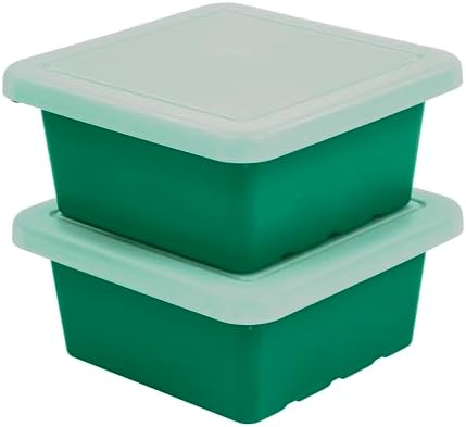 ECR4Kids Stackable Square Bins with Non-Snap Lids, Multipurpose Organization, Green, 2-Pack by ECR4Kids