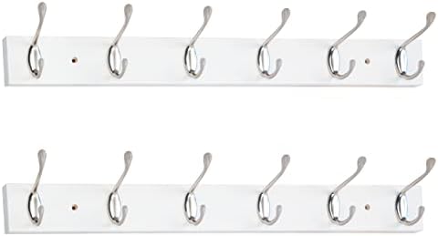Wall Mounted Coat Rack 24 Inches with 6 Hooks - 2 Pack, Wall Coat Hooks Wall Hat Hanger, Satin Nickel & White by ROOREVO