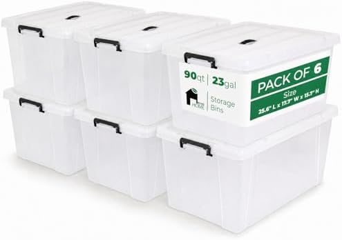 90 Quart 6 Pack Clear Storage Bins with Lids by bebikim