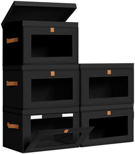 DIMJ Storage Bins with Lids - 5 Pack Large Fabric Closet Organizer with Window & Handles, Collapsible Decorative Storage Boxes for Shelves Under Bed, Books Clothes Blankets Sweaters Organization by DiMJ