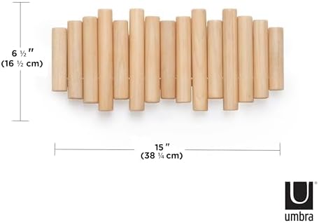 Umbra Picket Wall-Mounted Coat Rack Rail Hook with 5 Retractable Wood Pegs – Modern, Space-Saving Storage Organizer, Natural (Pack of 3) - Image 6
