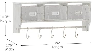 Merrick Lane Enid Wall Mount Storage Rack - Whitewashed Pine Wood - 24" Wide - Upper Shelf - 5 Hooks - Wire Baskets - For Entryway, Kitchen, Bathroom - Image 5