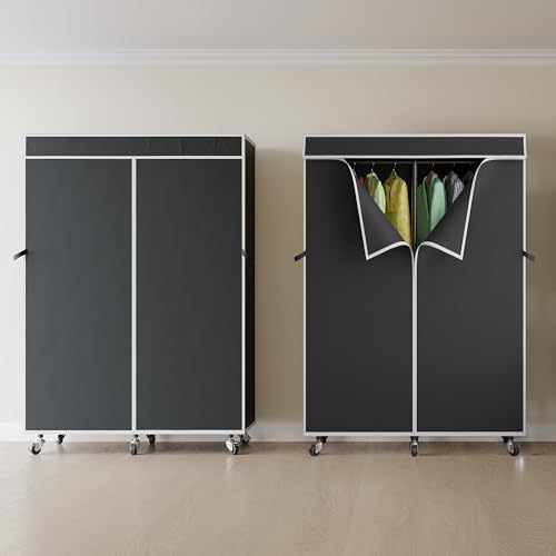 Higeego H9 Garment Rack with Cover, Heavy Duty Clothing Rack for Hanging Clothes, Portable Closet with wheels, Wardrobe Closet with Adjustable Shelves, Black Rack Shelf with Black Fabric Cover - Image 6