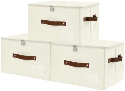 ANMINY Storage Box Fabric Bins with Zipper Lid, 15"x10"x10" Beige 3PCS by ANMINY