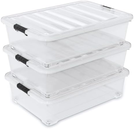 50 L Large 3 Packs Clear Plastic Under Bed Storage Container with Lid and Wheels, Under the bed Boxes by Cinkyou