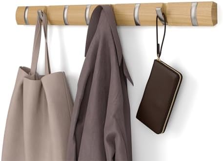 Umbra Flip Coat Rack, Wall Mount 8-Hook, Space Saving, Natural/Nickel by Umbra