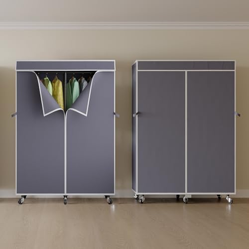 Higeego H9 Heavy Duty Rolling Clothes Rack with Cover, Covered Garment Rack with Wheels and Shelves, Wardrobe Closet, Portable Closet for Hanging Clothes, Black Clothing Rack with Grey Cover - Image 6