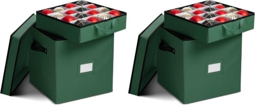ZOBER Christmas Ornament Storage Box - Stores 64 Ornaments - Non-Woven, Tear- Proof Christmas Ornament Storage Containers - 3 Inch Cube Compartments - Green (Pack of 2) by ZOBER