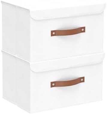 Yawinhe Storage Boxes with Lids 2 Pack, Collapsible Storage Bin with Handle, for Organizing Clothes, 33x23x20cm, White, SNK018WLS-2 by Yawinhe