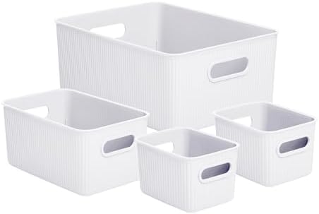 Superio Ribbed Collection - Decorative Plastic Basket Open Home Storage Bins Organizer, White (Set of 4) 1 Large, 1 Medium, 2 Small - Container Boxes for Organizing Closet Storage Bins for Shelves by Superio