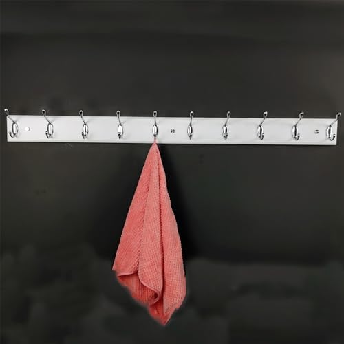37 Inch Long Wooden Wall Mounted Coat Rack with 10 Silver Chrome Hooks for Entryway and Bedroom to Hang Coats, Hats - Heavy Duty Hooks School Bag - Image 7