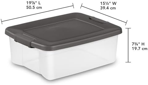 Sterilite 25 Qt ShelfTote, Stackable Storage Bin with Latching Lid, Plastic Container to Organize Closet Shelves, Clear Base and Gray Lid, 6-Pack - Image 3