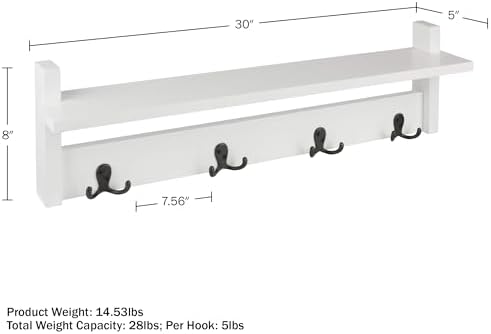 Lavish Home Coat Rack with Shelf and 4 Hooks - Wall Mount Coat Hook Shelf for Purses, Jackets and Keys - Coat Rack for Entryway, Mudroom, or Hallway (White) - Image 2
