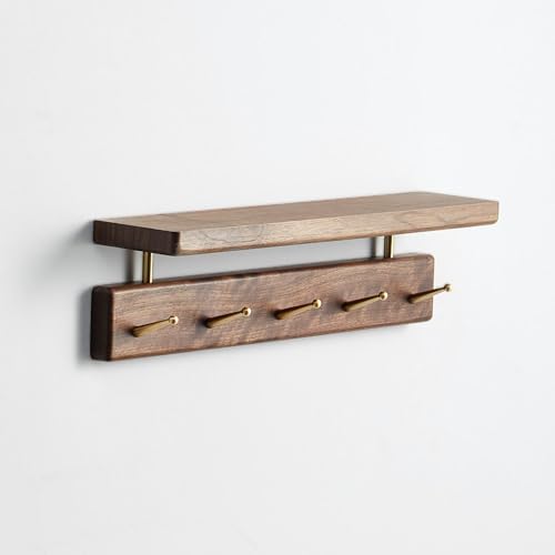 Solid Wood Shelf with Hooks, 15 inch Coat Rack Wall Mount, Shelves with 5 Brass Hooks for Hanging in Entryway, Living Room, Bathroom, Bedroom, Kitchen(Walnut) by Mayhas