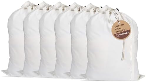 LFH Home Cotton Rich Large Laundry Bag with Handle, Heavy Duty Drawstring Closure Washable Laundry Bags, School Travel, Home, Hotel, College Dorm, Organizer Sack, Toy Clothes 28x40 (Pack of 6)-White by LFHHomePrivateLimited