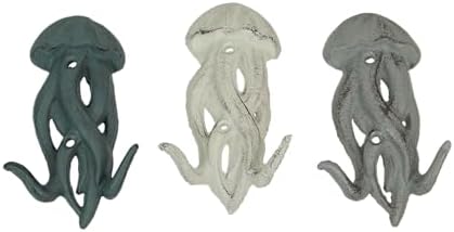 Zeckos Set of 3 Jellyfish Wall Hooks, 5 Inch Blue Gray White Cast Iron - Image 2