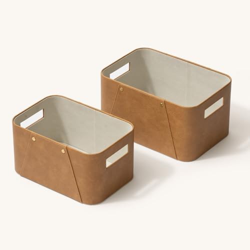 LA JOLIE MUSE Faux Leather Storage Baskets for Organizing, Camel 2 Pack - Image 6