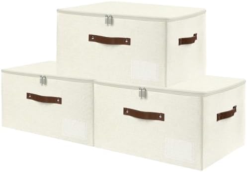 ANMINY Storage Box Fabric Bins with Zipper Lid, 17.7"x13.8"x10" Beige, 3PCS by ANMINY