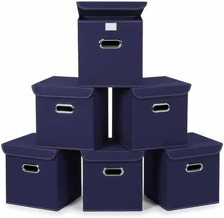 Closet Organizers Fabric Storage Bins With Lids Collapsible Cube Storage Organizer Basket With Handles,Storage Boxes for Clothes Storage,Office,Laundry,Shelves,6 Pack,（Navy Blue） by SEVENDOME