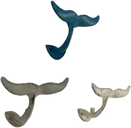 Zeckos Set of 3 Whale Tail Wall Hooks, 5 Inch Multicolor Cast Iron by Zeckos