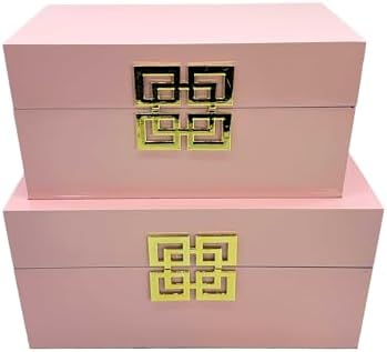 Galt International Storage Box Set Decorative Storage Box w/Hinged Lid Classic Design Wood Decor Boxes with Geometric Clasp Storage for Bedroom & Home - Set of 2 (Pink & Gold) - Image 2