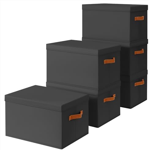 Homsorout Storage Bins with Lids - Large Fabric Closet Bins with Lid, 6 Pack Clothes Organizers and Storage, Collapsible Stackable Cube Basket for Home, Office, Dorm, Black by Homsorout