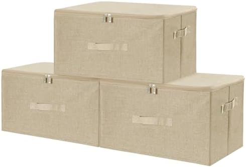 ANMINY Fabric Storage Bins with Zipper Lids, 18"x14"x10", Beige, 3 PCS by ANMINY