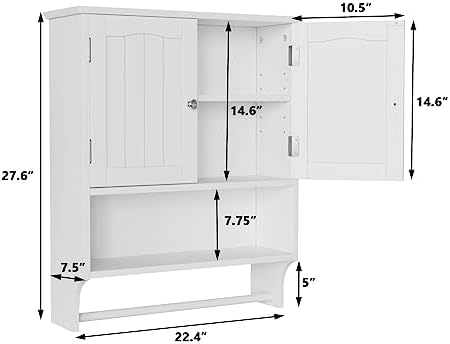 Smuxee White Bathroom Cabinet Wall Mounted with Towels Bar, Bathroom Medicine Cabinet with 2 Door Adjustable Shelves, Over Toilet Cabinet for Bathroom Laundry Room Kitchen - Image 2