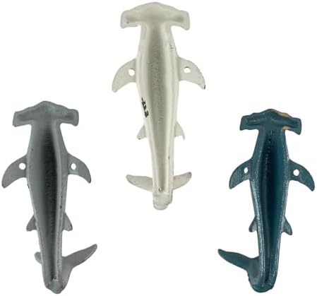 Set of 3 Hammerhead Shark Wall Hooks, 5 Inch Blue Gray White Cast Iron - Image 6