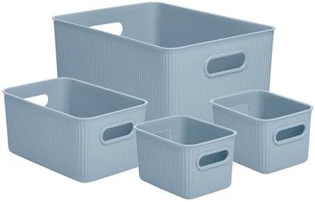 Superio Ribbed Collection - Decorative Plastic Basket Open Home Storage Bins Organizer, Blue (Set of 4) 1 Large, 1 Medium, 2 Small - Container Boxes for Organizing Closet Storage Bins for Shelves by Superio