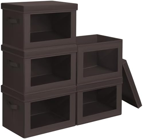 Homsorout Stackable Storage Bins with Lids - Large Decorative Basket with Lids, Fabric Foldable Closet Organizer Bins, Shelf Organizer for Living Room, Dorm, 5 Pack, Brown by Homsorout
