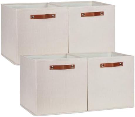 DULLEMELO Storage Baskets for Shelves Closet Storage,Sturdy Home Organization Bins for Gifts Empty,Foldable Fabric Storage Cubes Baskets for Nursery Toys Towels Clothes Storage(Beige-4 Pack) by DULLEMELO