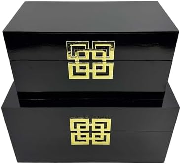 Galt International Storage Box Set Decorative Storage Box w/Hinged Lid Classic Design Wood Decor Boxes with Geometric Clasp Storage for Bedroom & Home - Set of 2 (Black & Gold) - Image 2