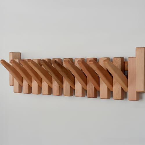 Beech Piano Key Coat Rack with 10 Flip Hooks, Natural - Image 7