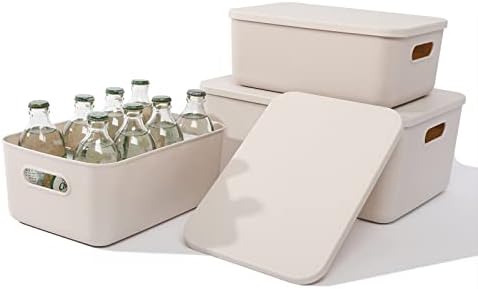 Yishyfier Plastic Storage Baskets With Lid Organizing Container Lidded Knit Storage Organizer Bins for Shelves Drawers Desktop Closet Playroom Classroom Office (M+2S, Light grey) by Yishyfier