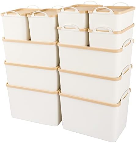 ANMINY White Plastic Storage Bins Baskets with Lids, 12-Pack, 2XL+4L+2M+4S by ANMINY