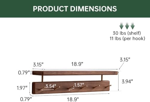 Walnut Wall Hooks with Shelf, Coat Rack Wall Mount, Entryway Hanging Shelf with 6 Brass Hooks for Hats, Clothes, Towels, Bags, Black Walnut Wood, Walnut - Image 2